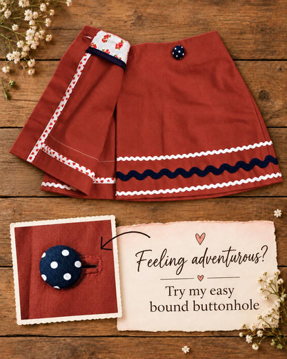 Frocks & Frolics Jutta wrap skirt sewing pattern – floral lining and bound buttonhole detail