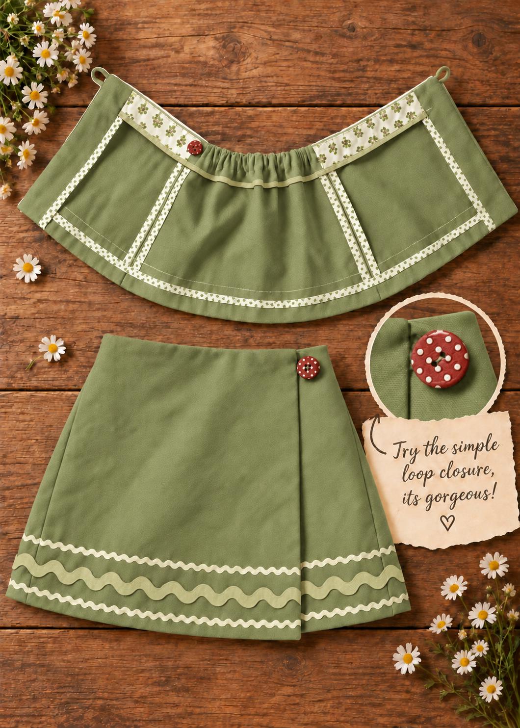Frocks & Frolics Jutta wrap skirt sewing pattern – sage green skirt with loop closure and polka dot button