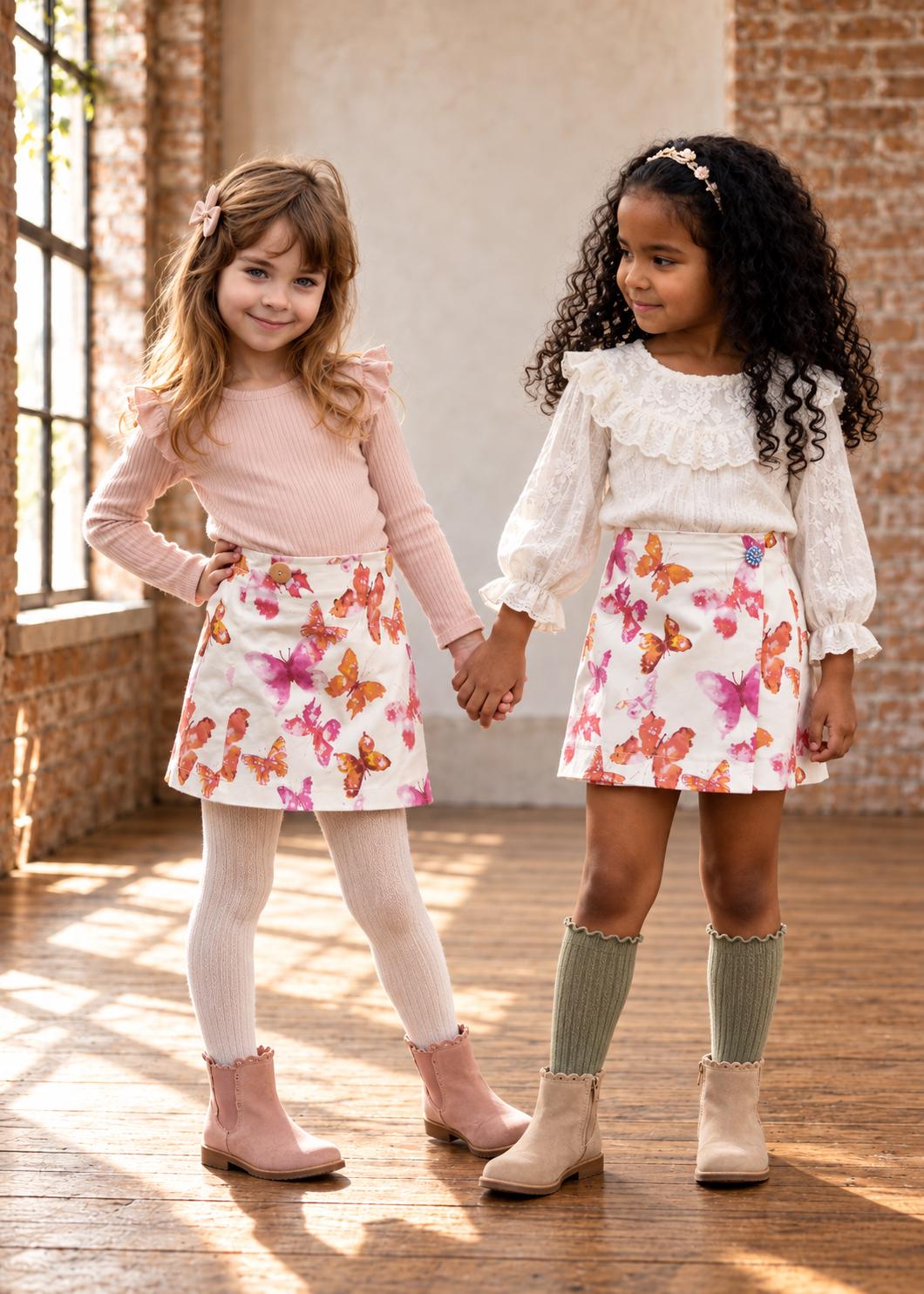 Frocks & Frolics Jutta skirt sewing pattern – butterfly print skirts with pink top and lace blouse