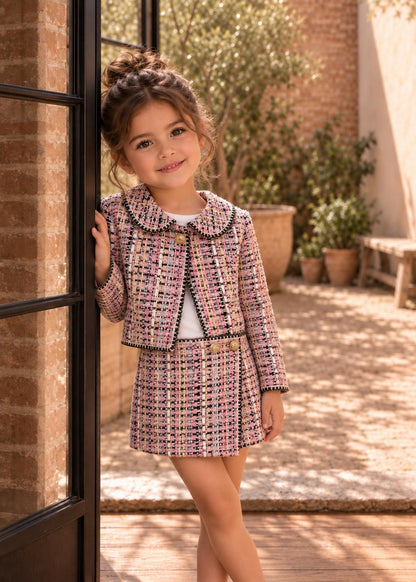 Frocks & Frolics Jutta skirt sewing pattern – pink and black tweed skirt with matching cropped jacket