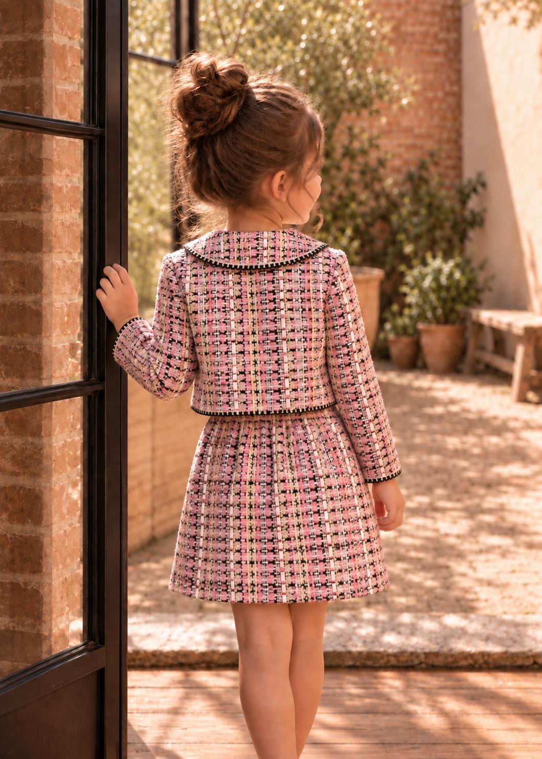 Frocks & Frolics Jutta skirt sewing pattern – back view of pink tweed skirt and jacket set