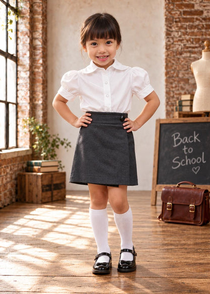 Frocks & Frolics Jutta wrap skirt sewing pattern – dark grey wrap skirt with white puff sleeve shirt