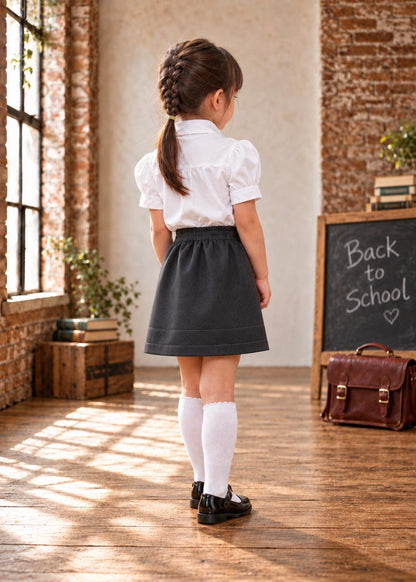 Frocks & Frolics Jutta skirt sewing pattern – back view of dark grey skirt, school-style outfit