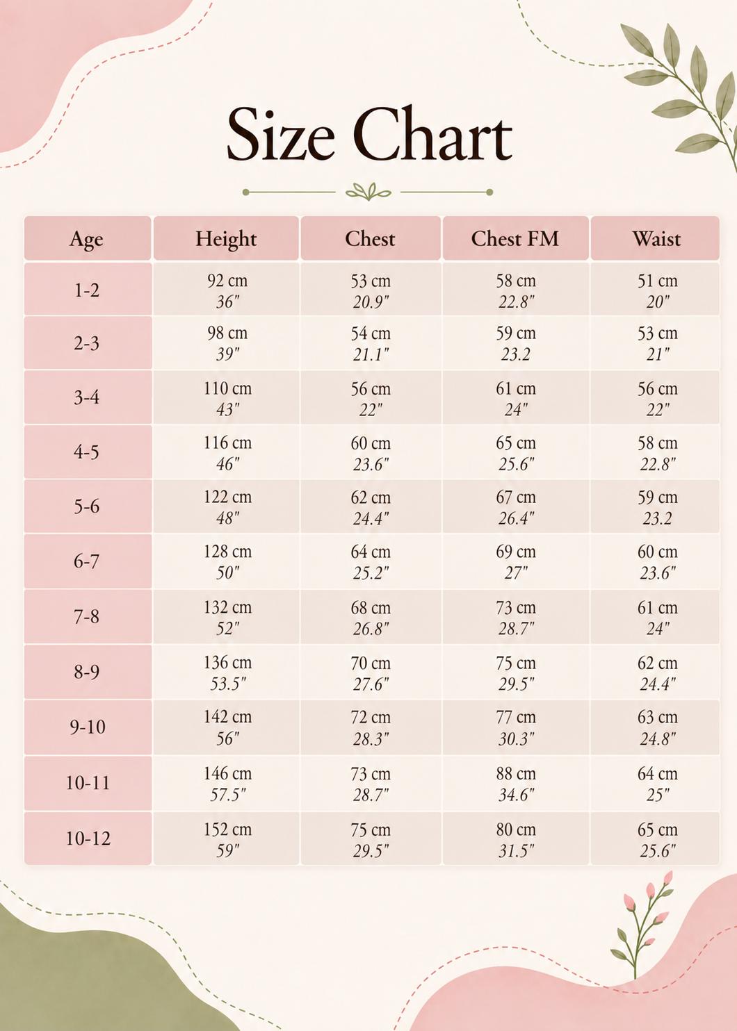 Frocks & Frolics Jutta skirt sewing pattern size chart, ages 1–12