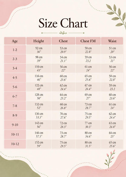 Frocks & Frolics Jutta skirt sewing pattern size chart, ages 1–12