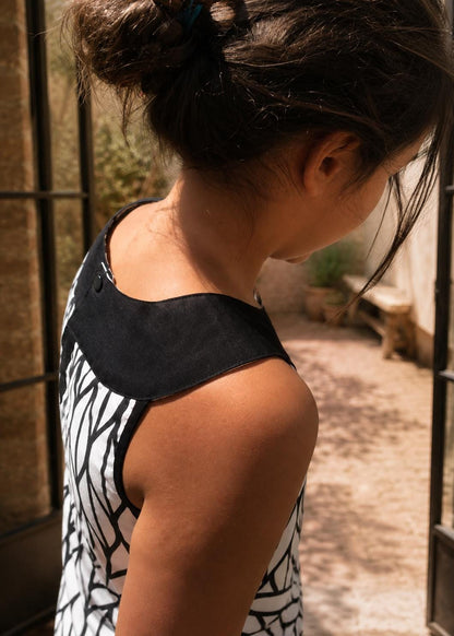 Frocks & Frolics Kitty top sewing pattern – close-up of the black yoke and back neckline closure