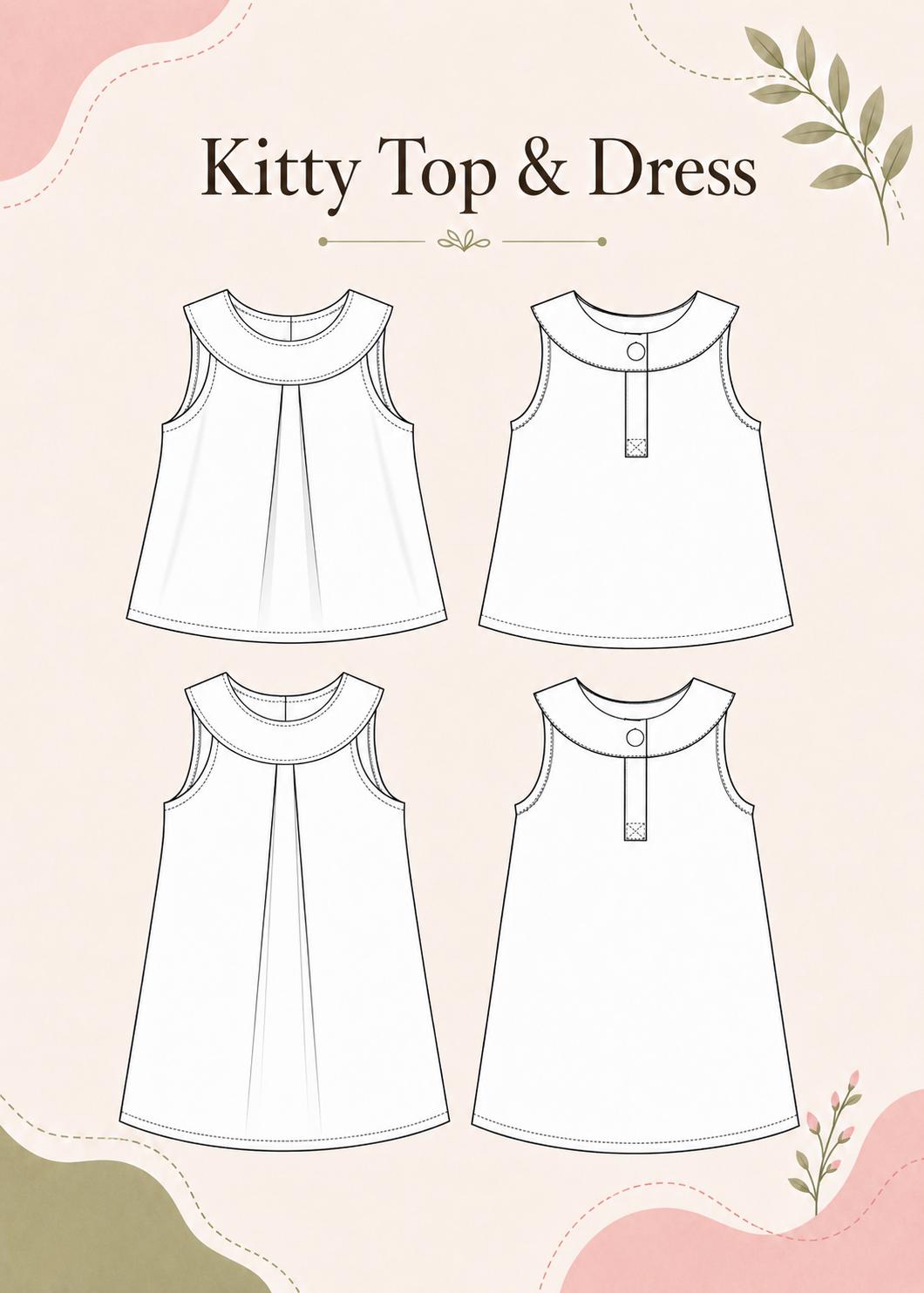 Frocks & Frolics Kitty top and dress sewing pattern – technical drawing, front and back views