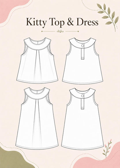 Frocks & Frolics Kitty top and dress sewing pattern – technical drawing, front and back views