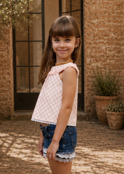 Frocks & Frolics Kitty top sewing pattern – pink gingham top with ruffled neckline and lace trim