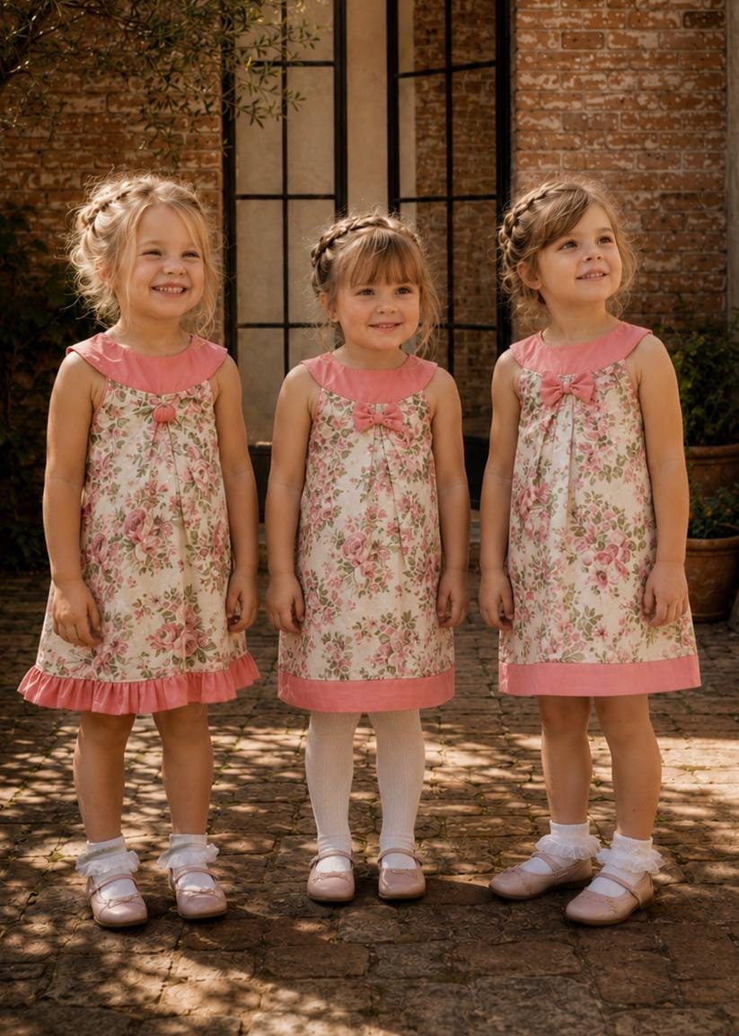 Frocks & Frolics Kitty dress sewing pattern – three girls in cream floral dresses with pink collar and bow