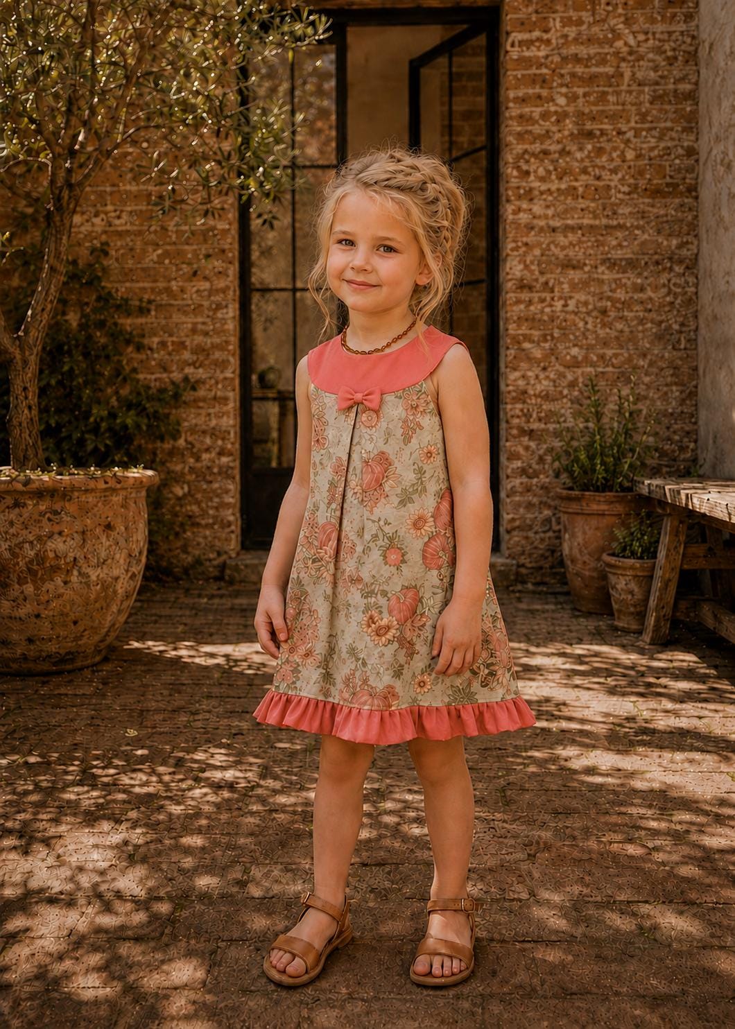 Frocks & Frolics Kitty dress sewing pattern – floral dress with pink collar, small bow and ruffled hem