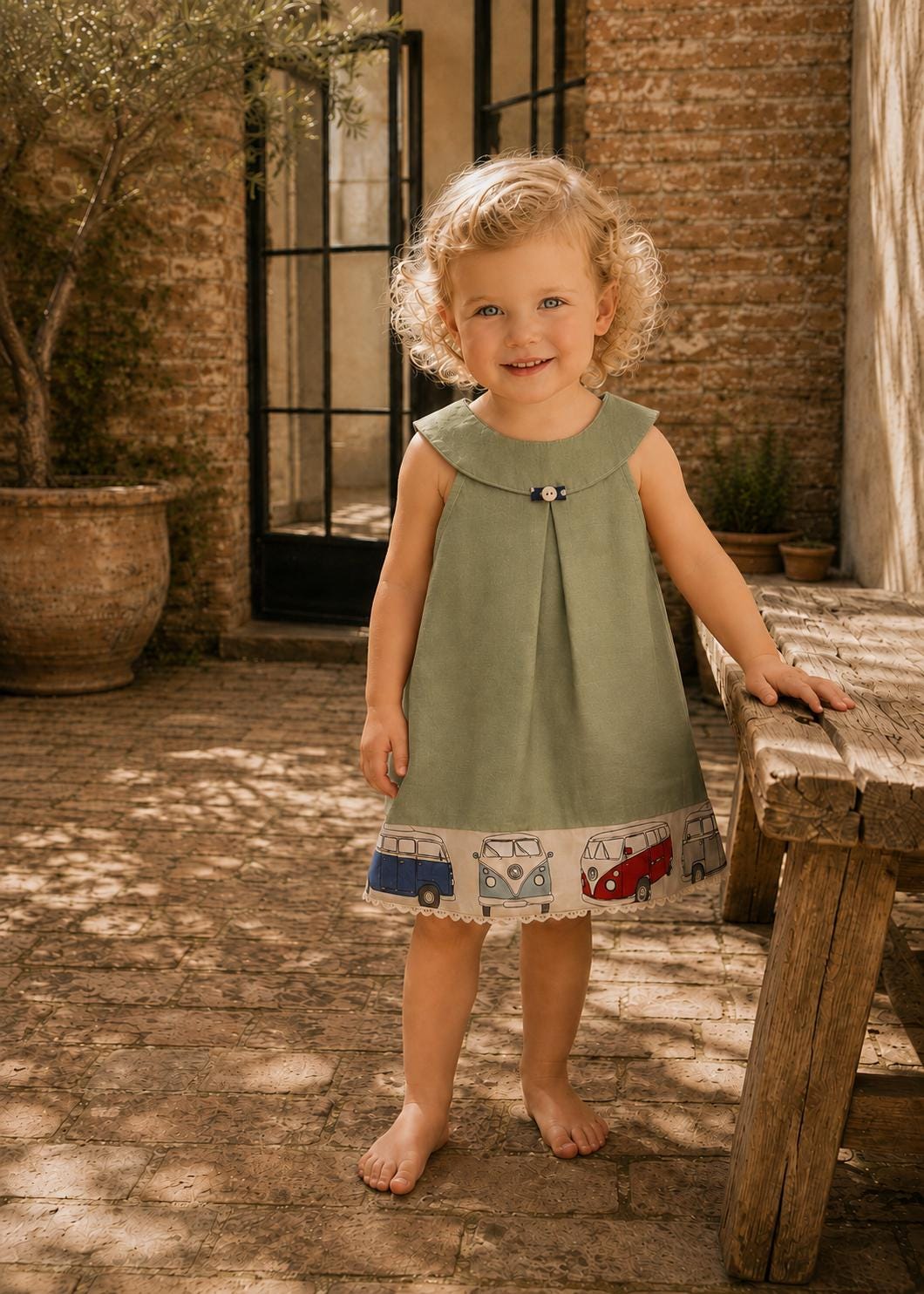 Frocks & Frolics Kitty dress sewing pattern – sage green dress with round collar and camper van print hem band