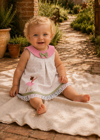 Frocks & Frolics Kitty dress sewing pattern – grey dress with pink polka dot collar, ballerina motif and lace hem