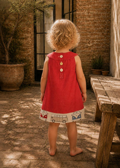 Frocks & Frolics Kitty dress sewing pattern – back view of red dress with button placket and camper van hem band