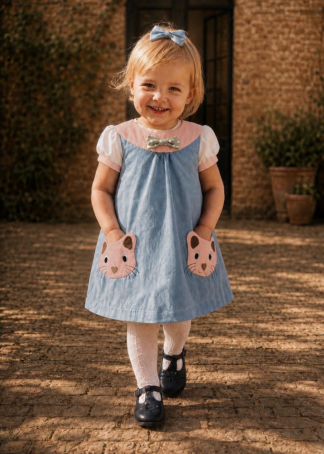 Frocks & Frolics Kitty dress sewing pattern – light blue dress with pink collar and cat face pockets