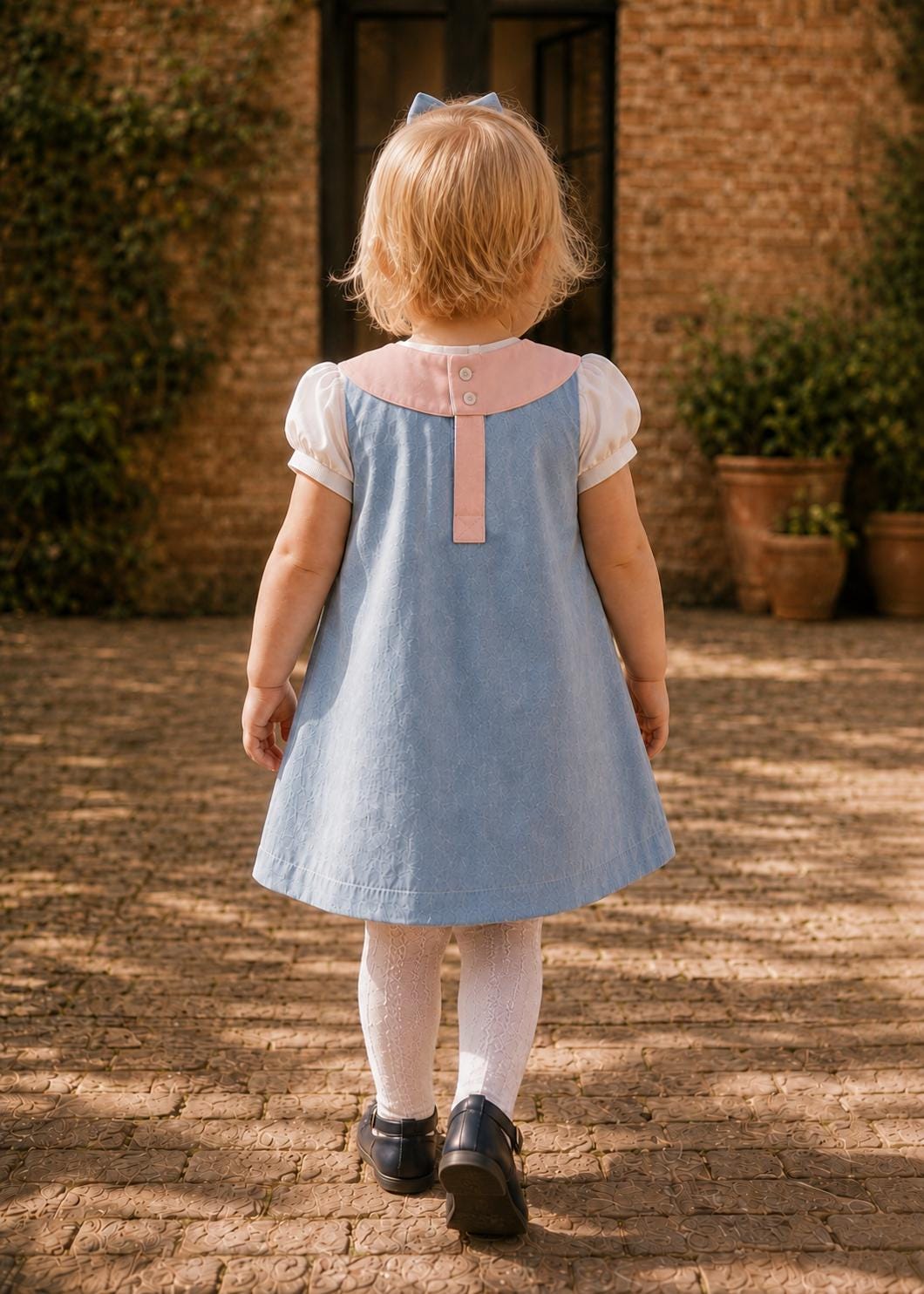 Frocks & Frolics Kitty dress sewing pattern – back view of light blue dress with pink yoke over a puff sleeve blouse