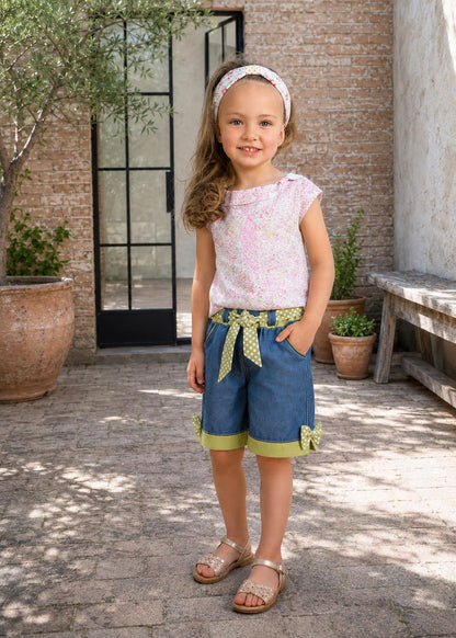 Frocks & Frolics Maisy shorts sewing pattern – denim shorts with green polka dot tie waist and bow cuffs