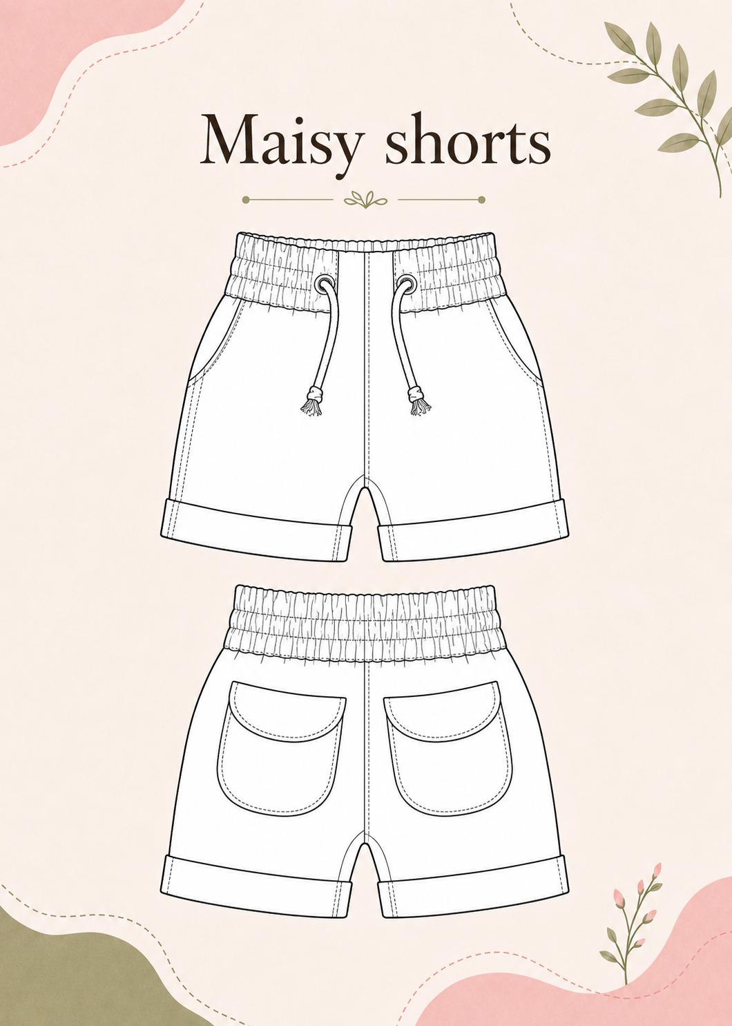 Frocks & Frolics Maisy shorts sewing pattern – technical drawing, front and back views