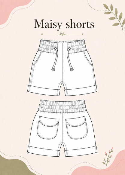 Frocks & Frolics Maisy shorts sewing pattern – technical drawing, front and back views