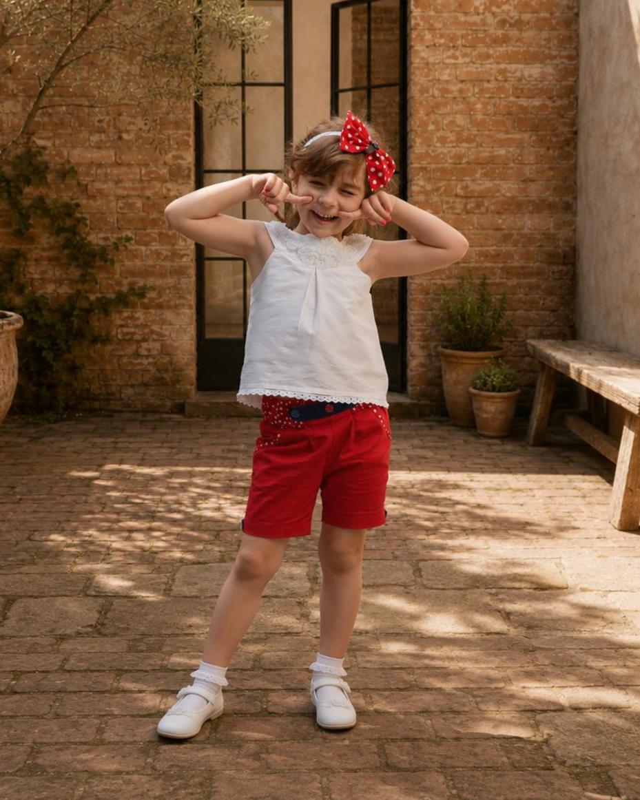 Frocks & Frolics Maisy shorts sewing pattern – red shorts with navy waistband and polka dot trim