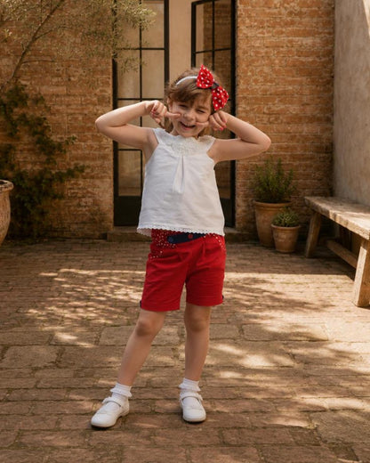 Frocks & Frolics Maisy shorts sewing pattern – red shorts with navy waistband and polka dot trim