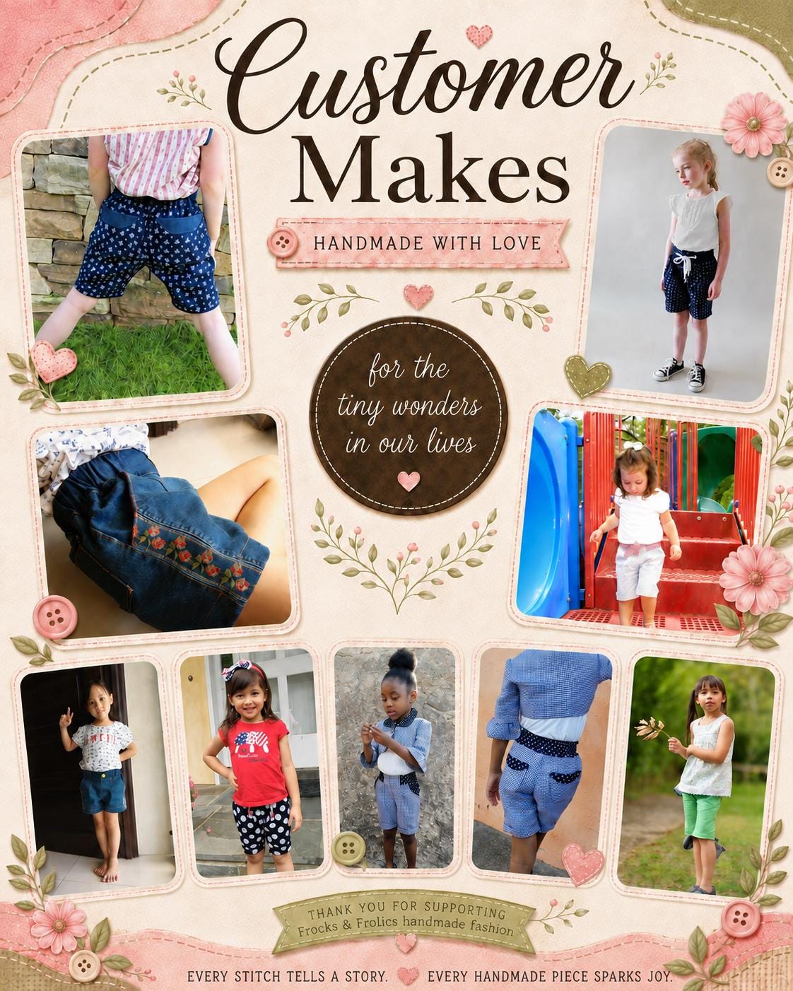 Frocks & Frolics Maisy shorts customer makes – collage of handmade shorts