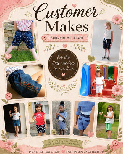 Frocks & Frolics Maisy shorts customer makes – collage of handmade shorts