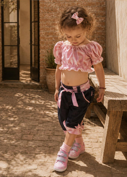 Frocks & Frolics Maisy shorts sewing pattern – denim shorts with pink gingham tie waist and cuffs