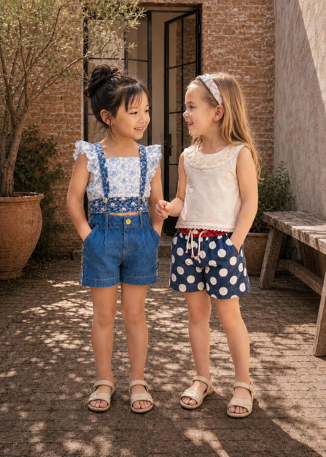 Frocks & Frolics Maisy shorts sewing pattern – two girls in denim and navy polka dot shorts