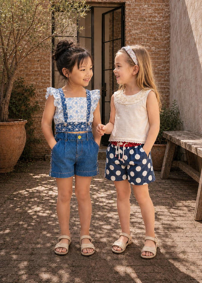 Frocks & Frolics Maisy shorts sewing pattern – two girls in denim and navy polka dot shorts
