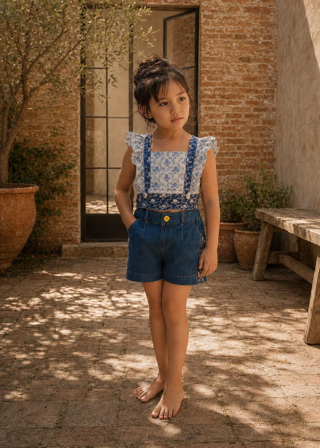 Frocks & Frolics Maisy shorts sewing pattern – denim shorts with blue floral waistband and side panels