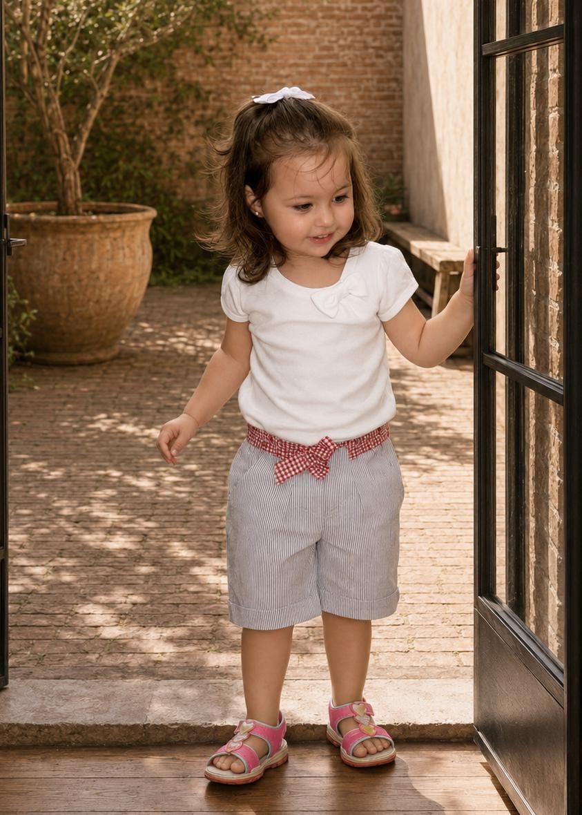 Frocks & Frolics Maisy shorts sewing pattern – grey pinstripe shorts with red gingham belt