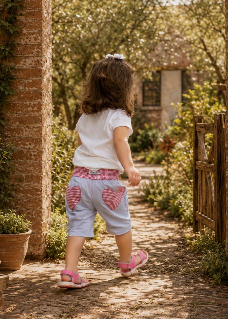 Frocks & Frolics Maisy shorts sewing pattern – back view of light blue shorts with gingham heart pockets
