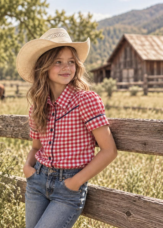 Frocks & Frolics Western Blouse sewing pattern – red gingham blouse with navy piping, worn with jeans and cowboy hat