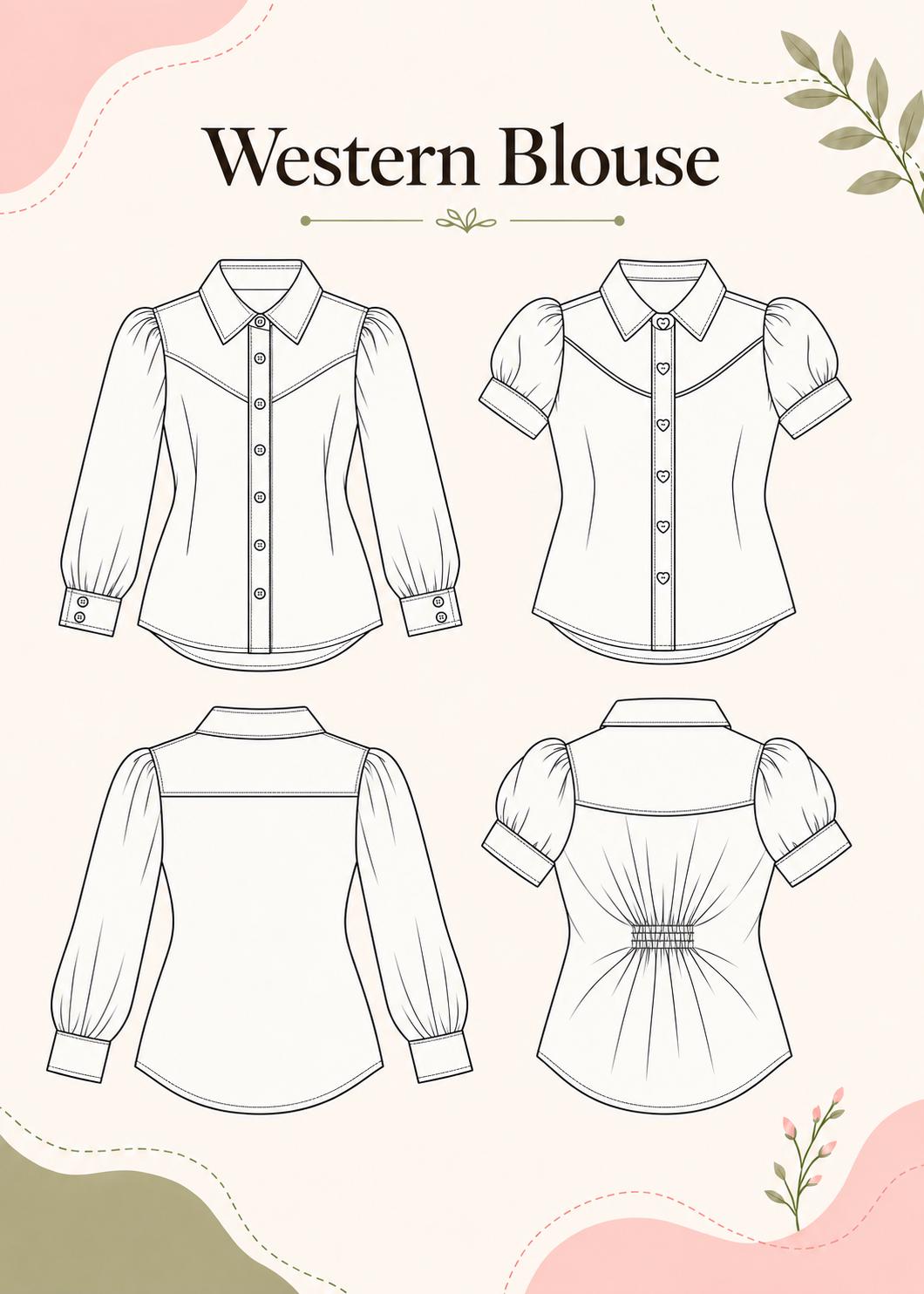 Frocks & Frolics Western Blouse sewing pattern – technical drawing of long sleeve and puff sleeve versions