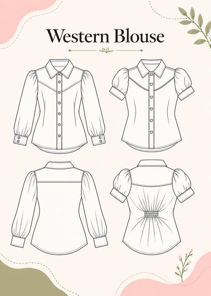 Frocks & Frolics Western Blouse sewing pattern – technical drawing of long sleeve and puff sleeve versions