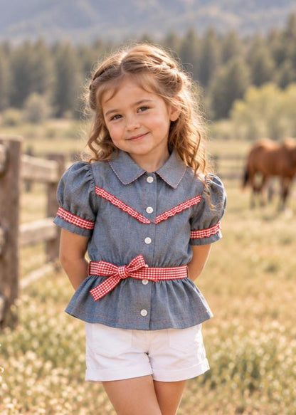 Frocks & Frolics Western Blouse sewing pattern – chambray puff sleeve blouse with red gingham trim and tie belt