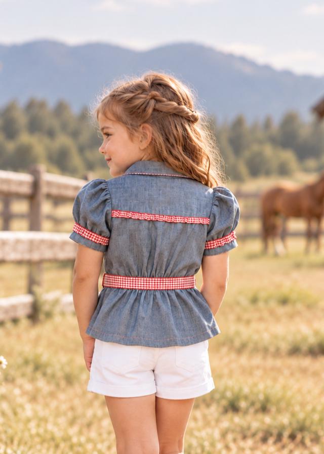 Frocks & Frolics Western Blouse sewing pattern – back view of chambray blouse with gingham yoke and belt