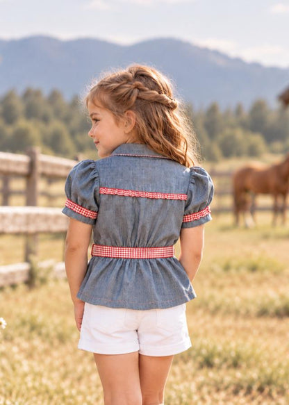 Frocks & Frolics Western Blouse sewing pattern – back view of chambray blouse with gingham yoke and belt