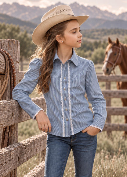 Frocks & Frolics Western Blouse sewing pattern – blue pinstripe long sleeve blouse with lace trim and cowboy hat