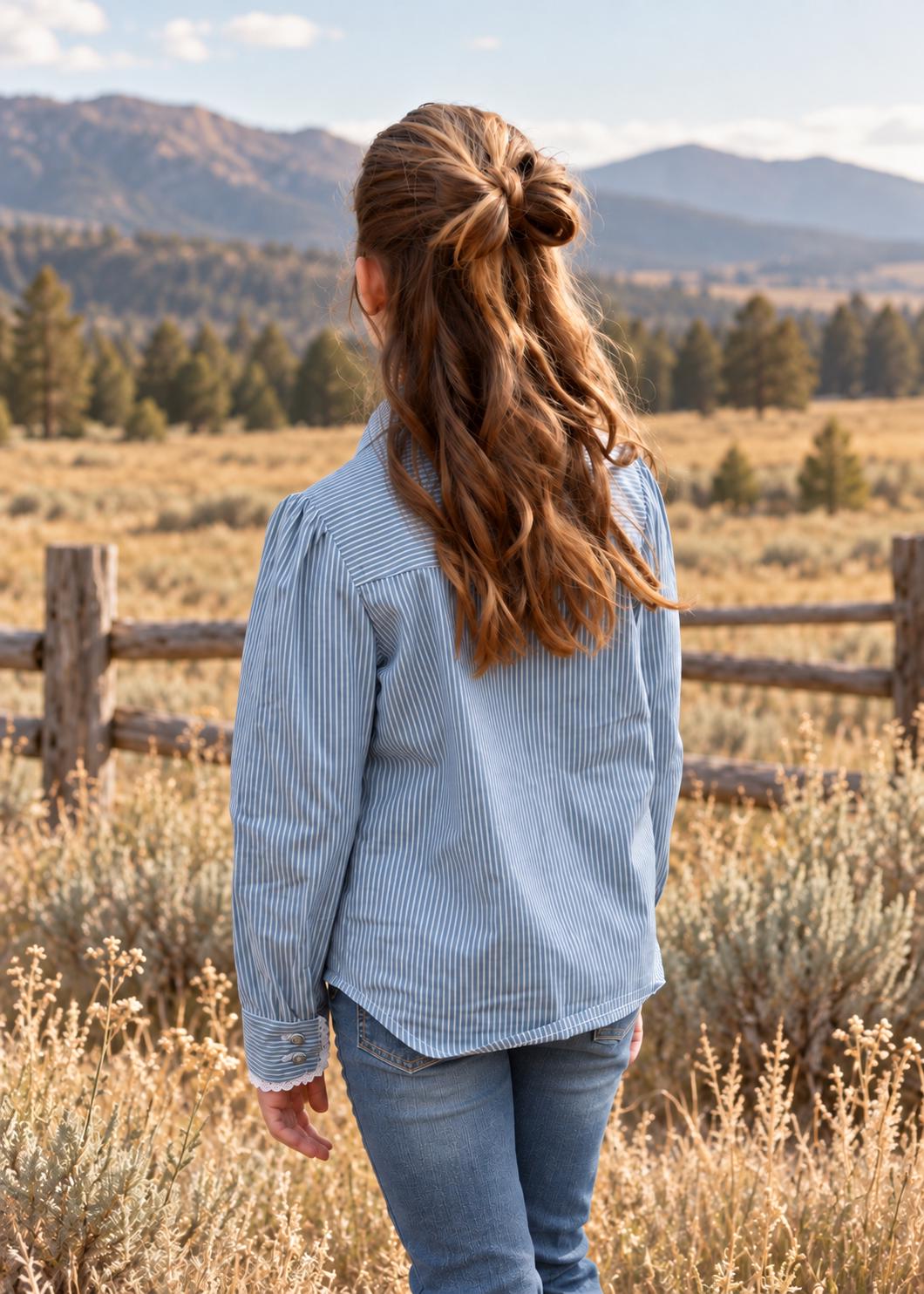 Frocks & Frolics Western Blouse sewing pattern – back view of blue pinstripe long sleeve blouse