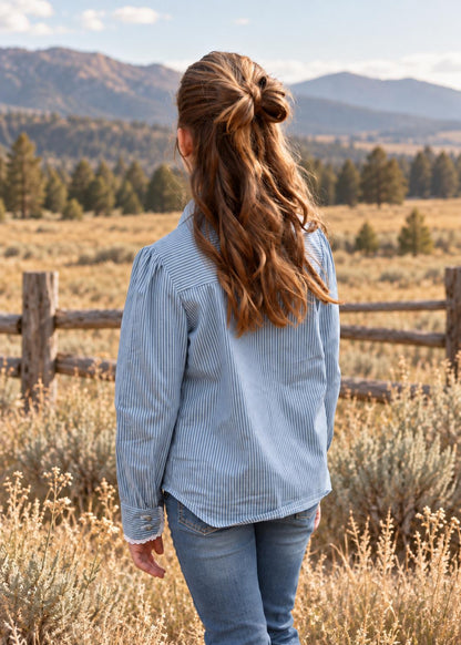 Frocks & Frolics Western Blouse sewing pattern – back view of blue pinstripe long sleeve blouse