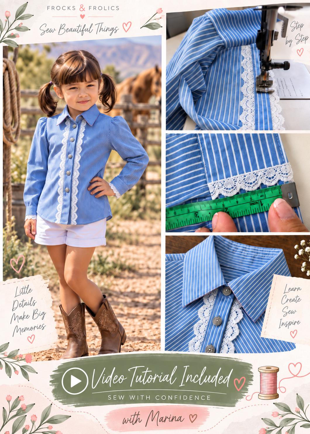 Frocks & Frolics Western Blouse sewing pattern – lace trim placket and cuff detail