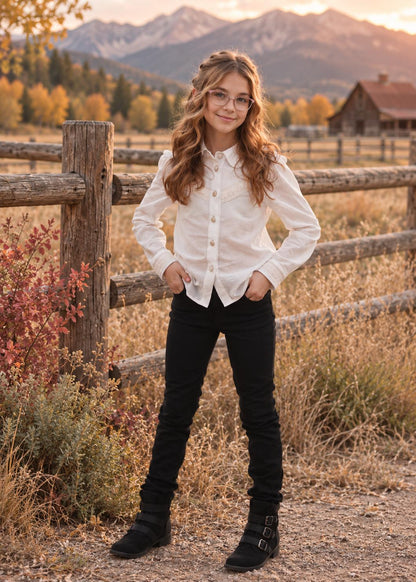 Frocks & Frolics Western Blouse sewing pattern – white long sleeve blouse with pointed collar