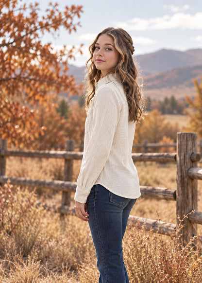 Frocks & Frolics Western Blouse sewing pattern – cream long sleeve blouse worn with jeans