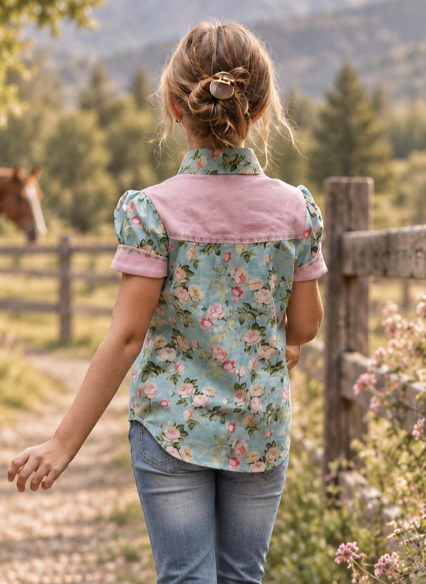 Frocks & Frolics Western Blouse sewing pattern – back view of rose print blouse with pink yoke