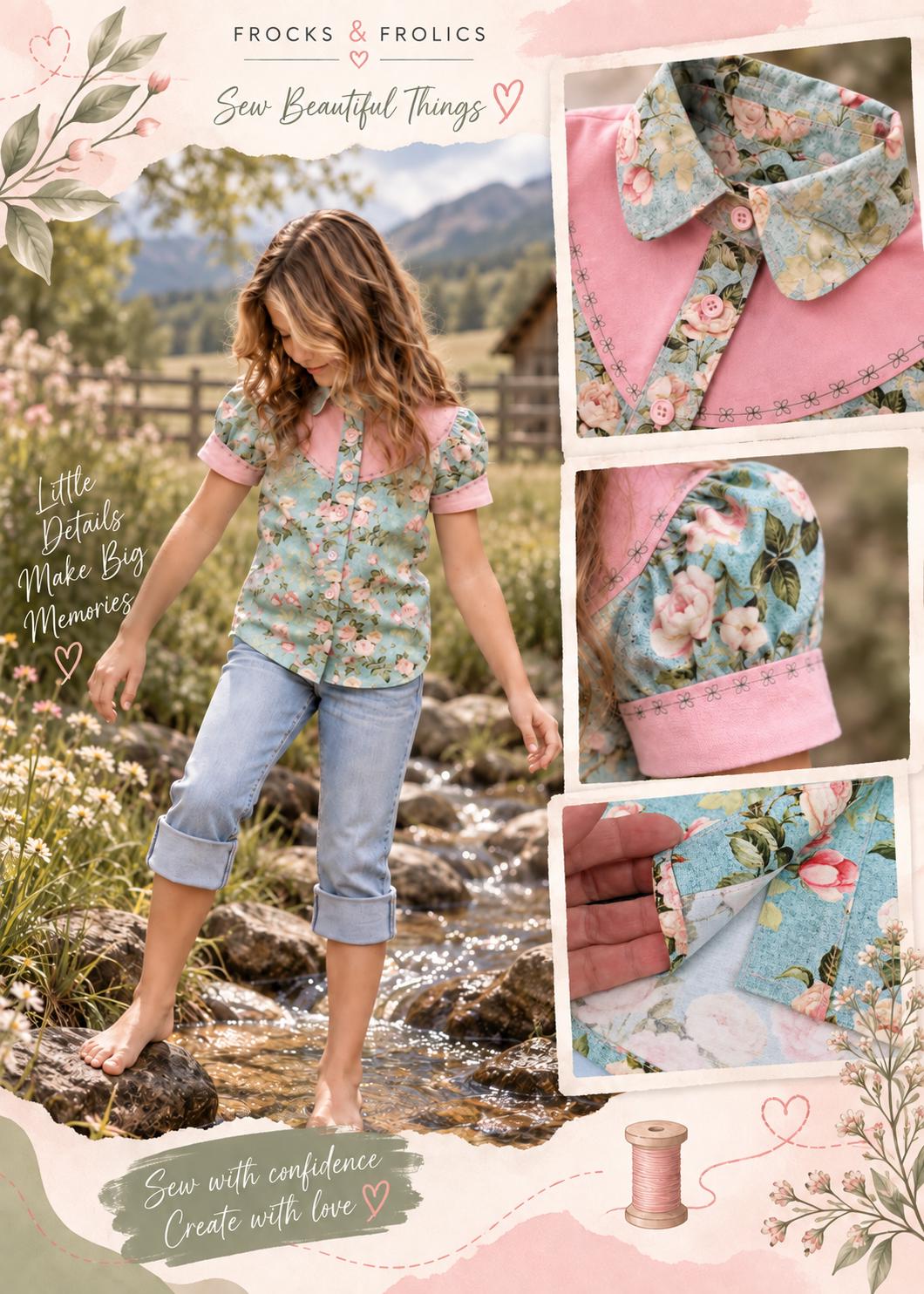 Frocks & Frolics Western Blouse sewing pattern – rose print blouse with pink collar, yoke and cuffs