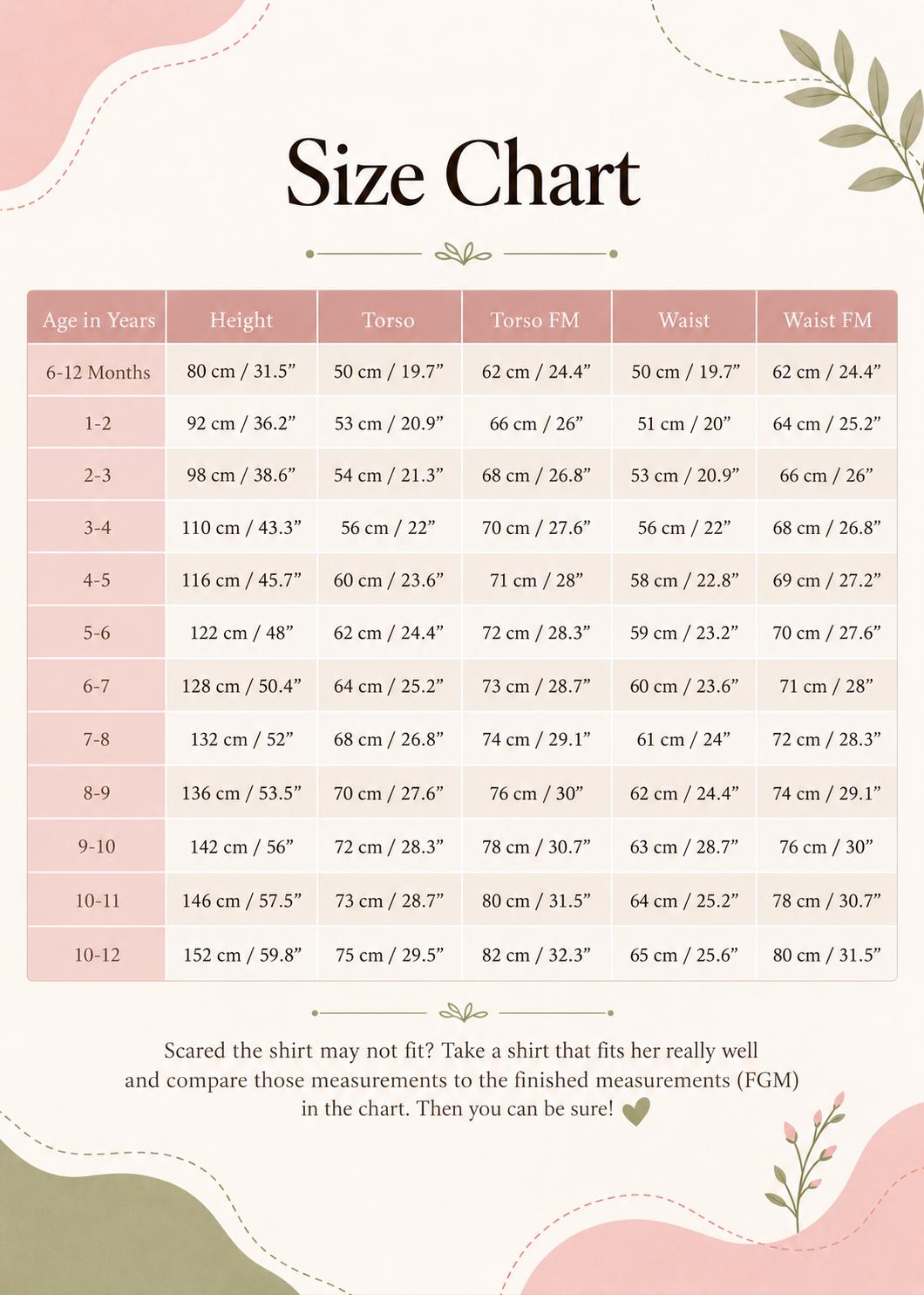 Frocks & Frolics Western Blouse sewing pattern size chart