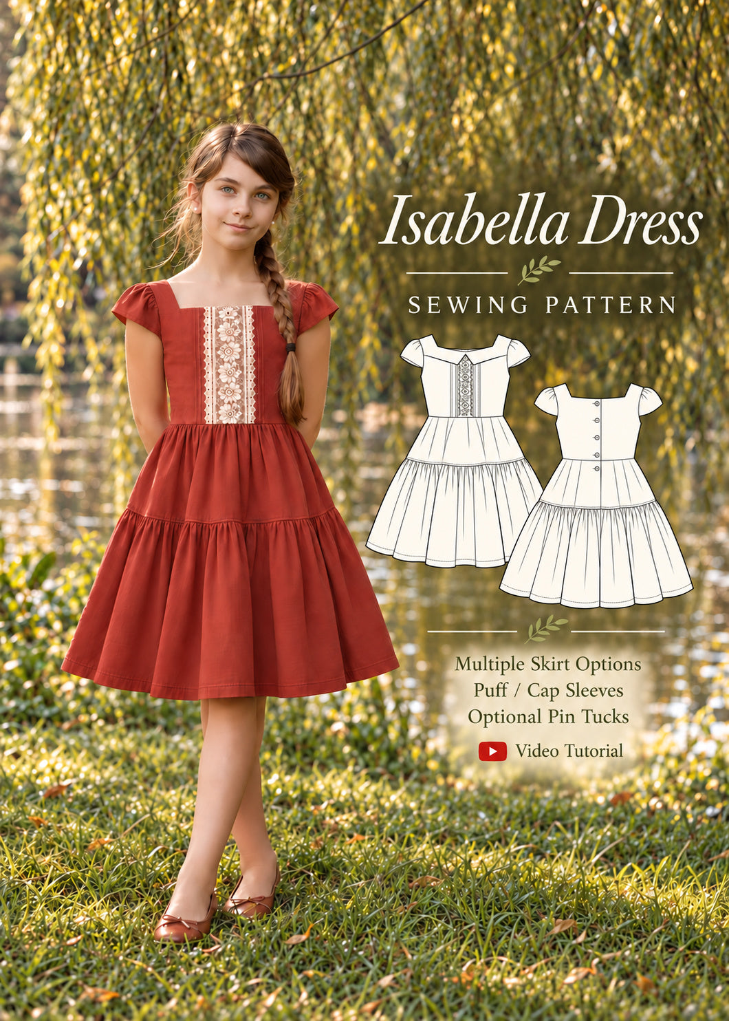 Isabella Dress PDF sewing pattern for girls. Girl in a red vintage-style tiered dress with cap sleeves and lace bib, shown with front and back technical drawings. Multiple skirt options, puff or cap sleeves, optional pin tucks, video tutorial.