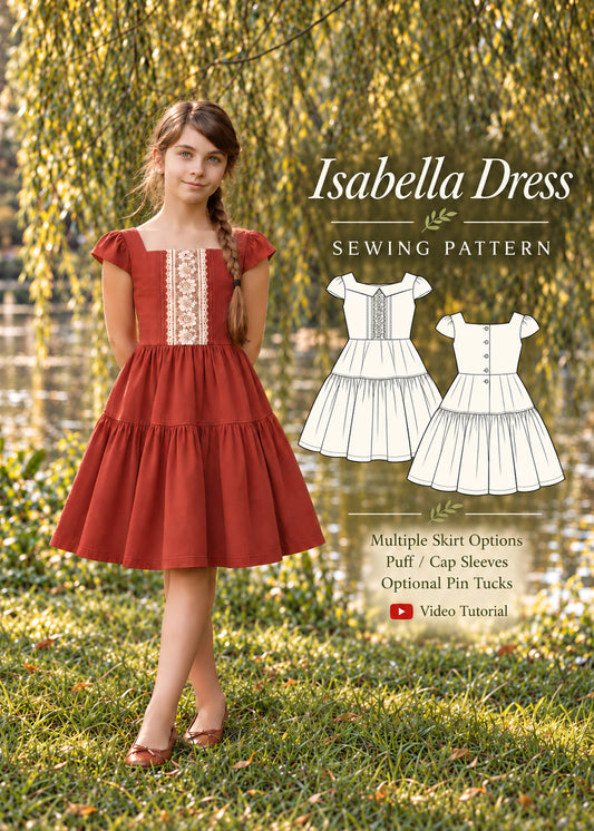 Isabella Dress PDF sewing pattern for girls. Girl in a red vintage-style tiered dress with cap sleeves and lace bib, shown with front and back technical drawings. Multiple skirt options, puff or cap sleeves, optional pin tucks, video tutorial.